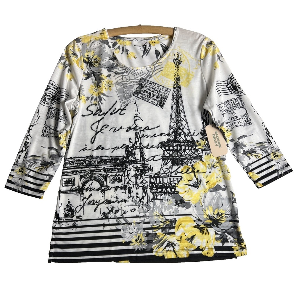 Allison Daley Woman Top Size Small Paris 3/4 Sleeve Stretch Rhinestones Multi G7